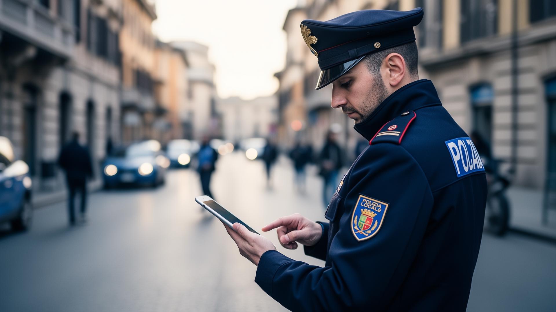 Agente della Polizia Locale consulta NormaVigile AI da tablet in servizio